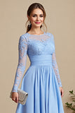 Sky Blue Chiffon A Line Long Mother of the Bride Dress with Lace Sleeves