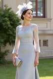 Silver Satin Illusion Neck Long Mother of the Bride Dress with Lace