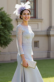 Silver Satin Illusion Neck Long Mother of the Bride Dress with Lace