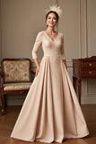 Apricot Satin A Line V-Neck Long Mother of the Bride Dress with Lace