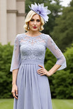 Grey Blue Chiffon A Line Long Mother of the Bride Dress with Lace