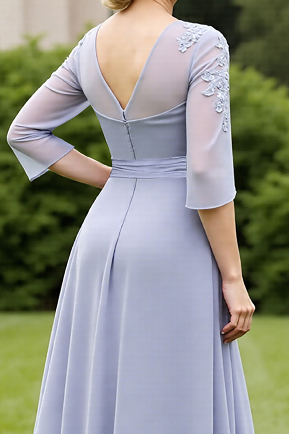 Grey Blue Chiffon A Line Long Mother of the Bride Dress with Lace