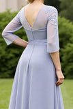 Grey Blue Chiffon A Line Long Mother of the Bride Dress with Lace