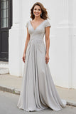 Silver V-Neck Chiffon Appliqued Long Mother of the Bride Dress with Sleeves