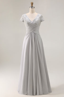 Silver V-Neck Chiffon Appliqued Long Mother of the Bride Dress with Sleeves