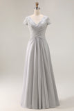 Silver V-Neck Chiffon Appliqued Long Mother of the Bride Dress with Sleeves