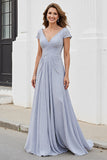 Silver Chiffon A Line Long V-Neck Mother of the Bride Dress with Appliques