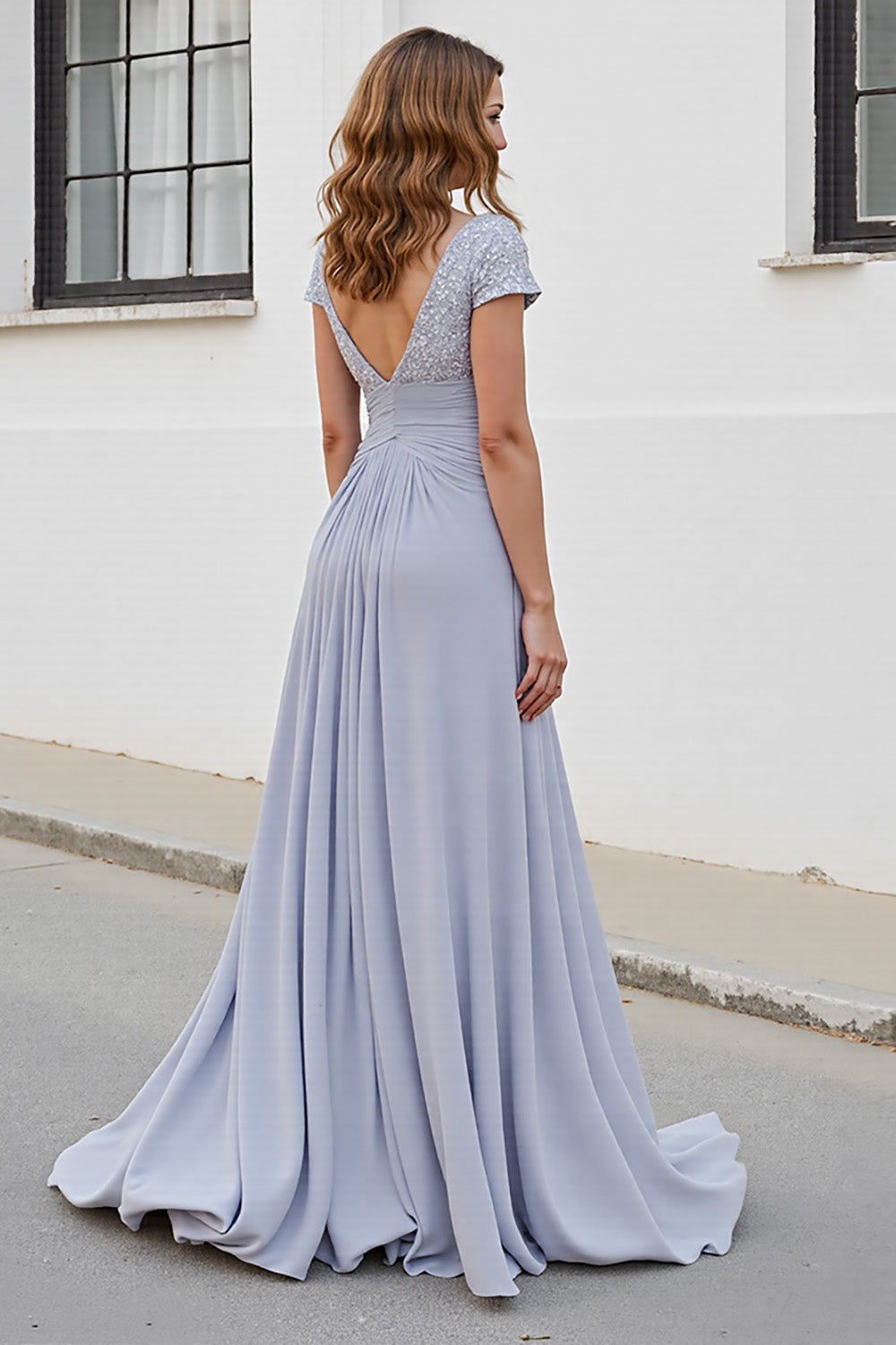 Silver Chiffon A Line Long V-Neck Mother of the Bride Dress with Appliques