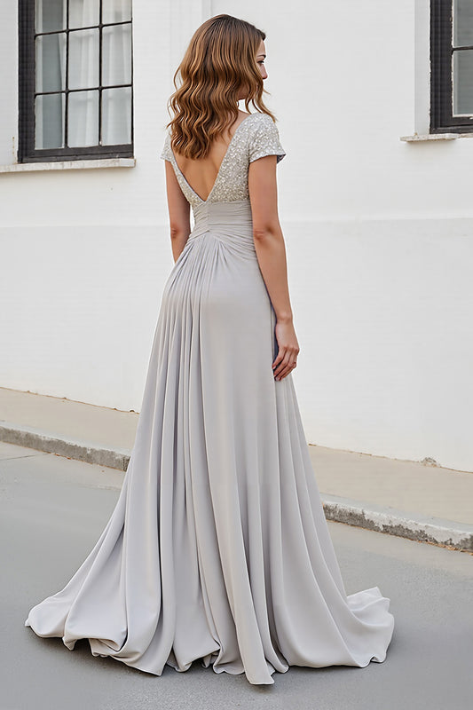Silver Chiffon A Line Long V-Neck Mother of the Bride Dress with Appliques