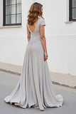 Silver V-Neck Chiffon Appliqued Long Mother of the Bride Dress with Sleeves