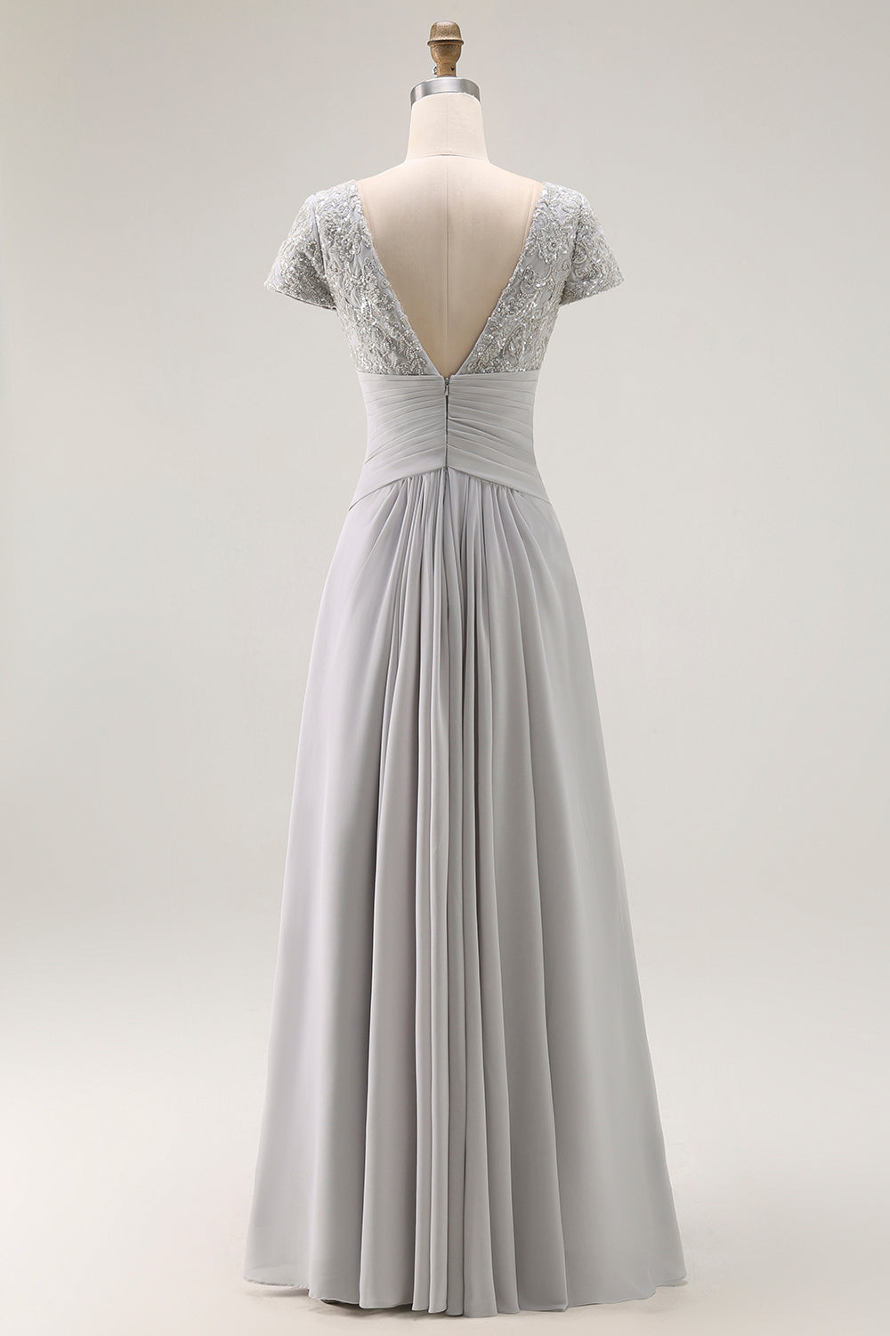 Silver V-Neck Chiffon Appliqued Long Mother of the Bride Dress with Sleeves