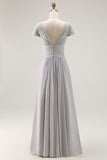 Silver V-Neck Chiffon Appliqued Long Mother of the Bride Dress with Sleeves