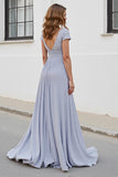 Silver Chiffon A Line Long V-Neck Mother of the Bride Dress with Appliques