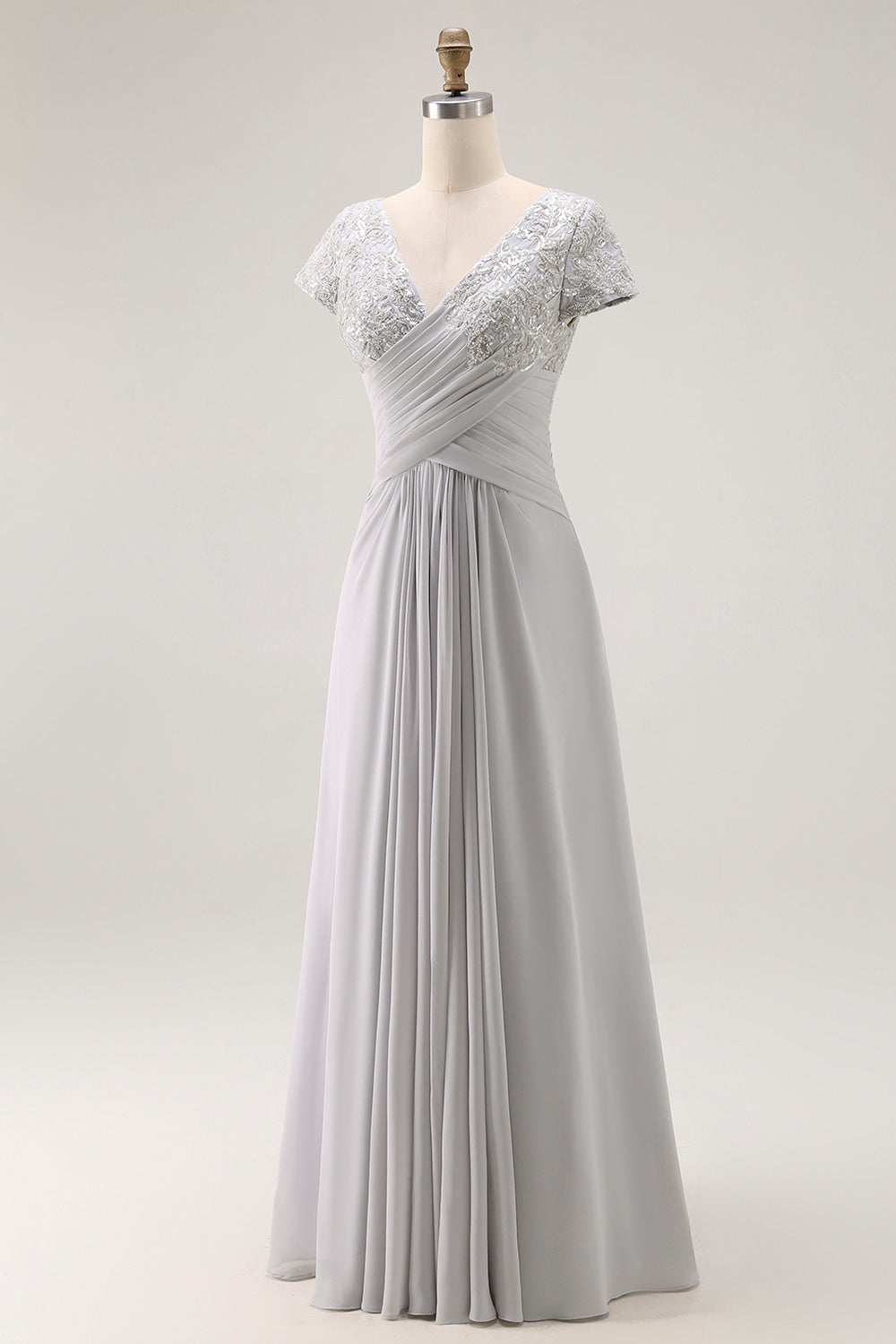 Silver V-Neck Chiffon Appliqued Long Mother of the Bride Dress with Sleeves