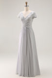Silver V-Neck Chiffon Appliqued Long Mother of the Bride Dress with Sleeves