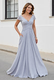 Silver Chiffon A Line Long V-Neck Mother of the Bride Dress with Appliques