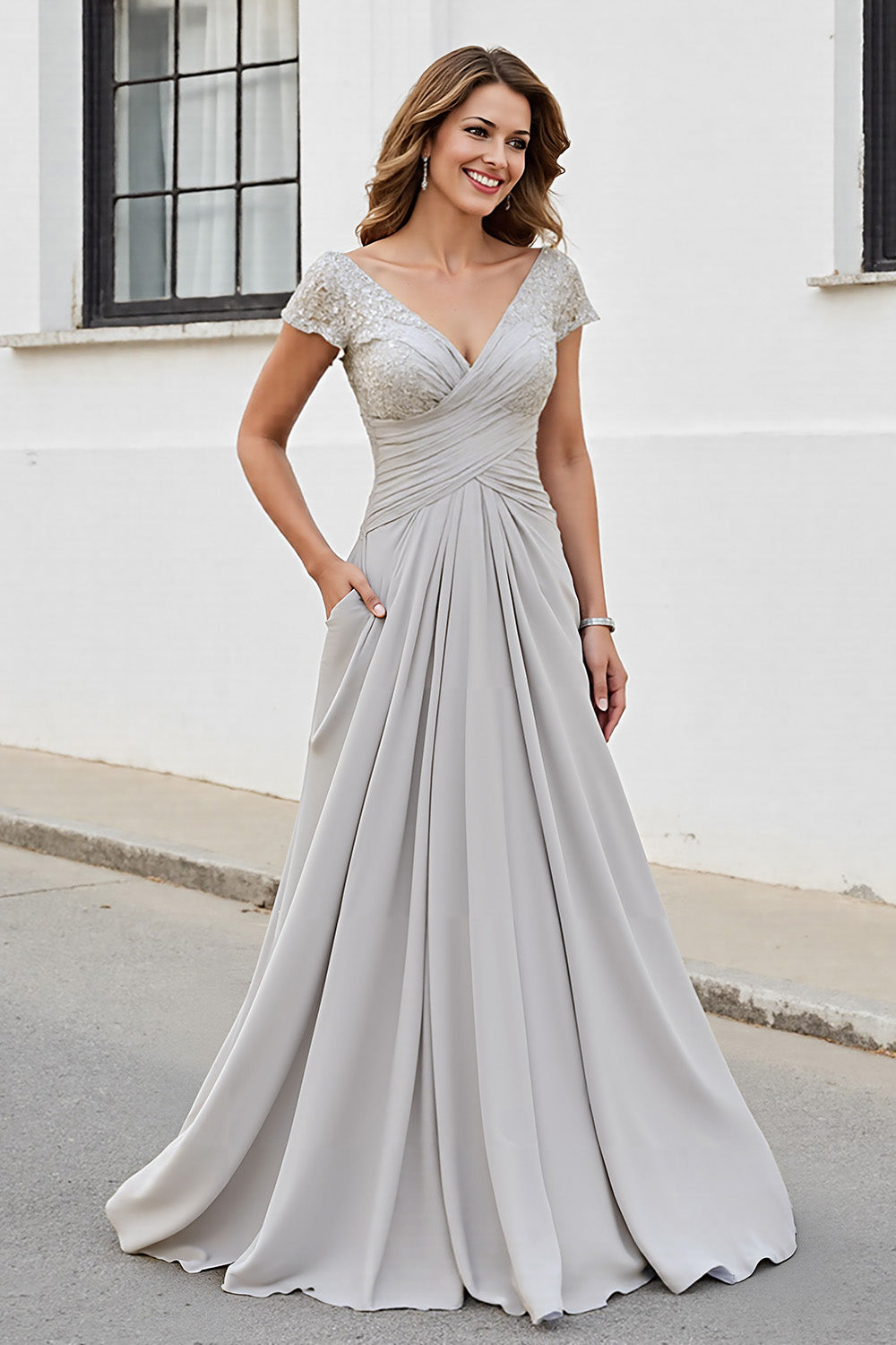 Silver Chiffon A Line Long V-Neck Mother of the Bride Dress with Appliques