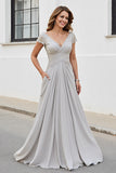 Silver Chiffon A Line Long V-Neck Mother of the Bride Dress with Appliques