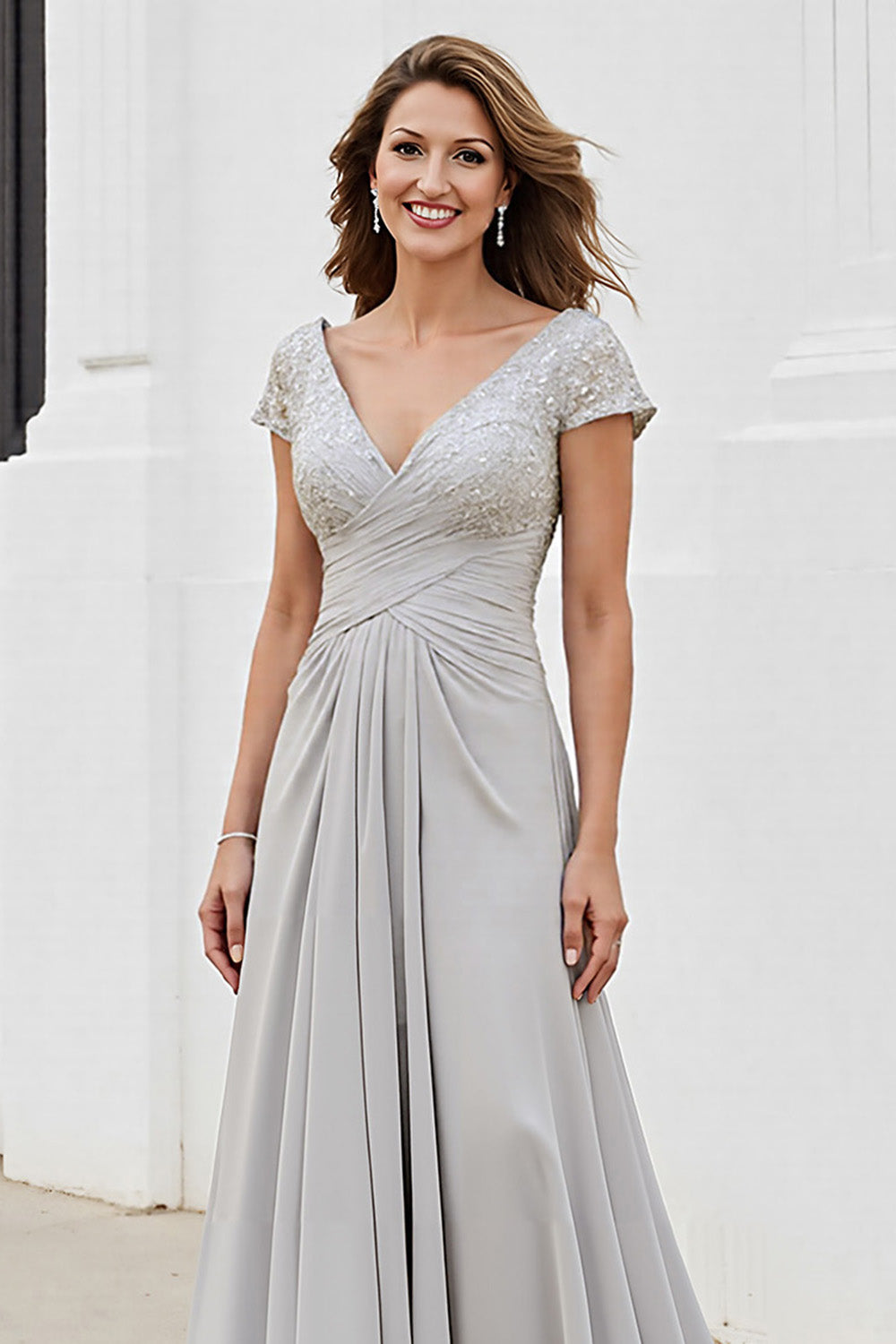 Silver Chiffon A Line Long V-Neck Mother of the Bride Dress with Appliques