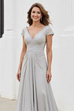 Silver Chiffon A Line Long V-Neck Mother of the Bride Dress with Appliques