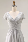Silver V-Neck Chiffon Appliqued Long Mother of the Bride Dress with Sleeves