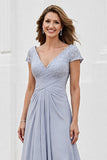 Silver Chiffon A Line Long V-Neck Mother of the Bride Dress with Appliques