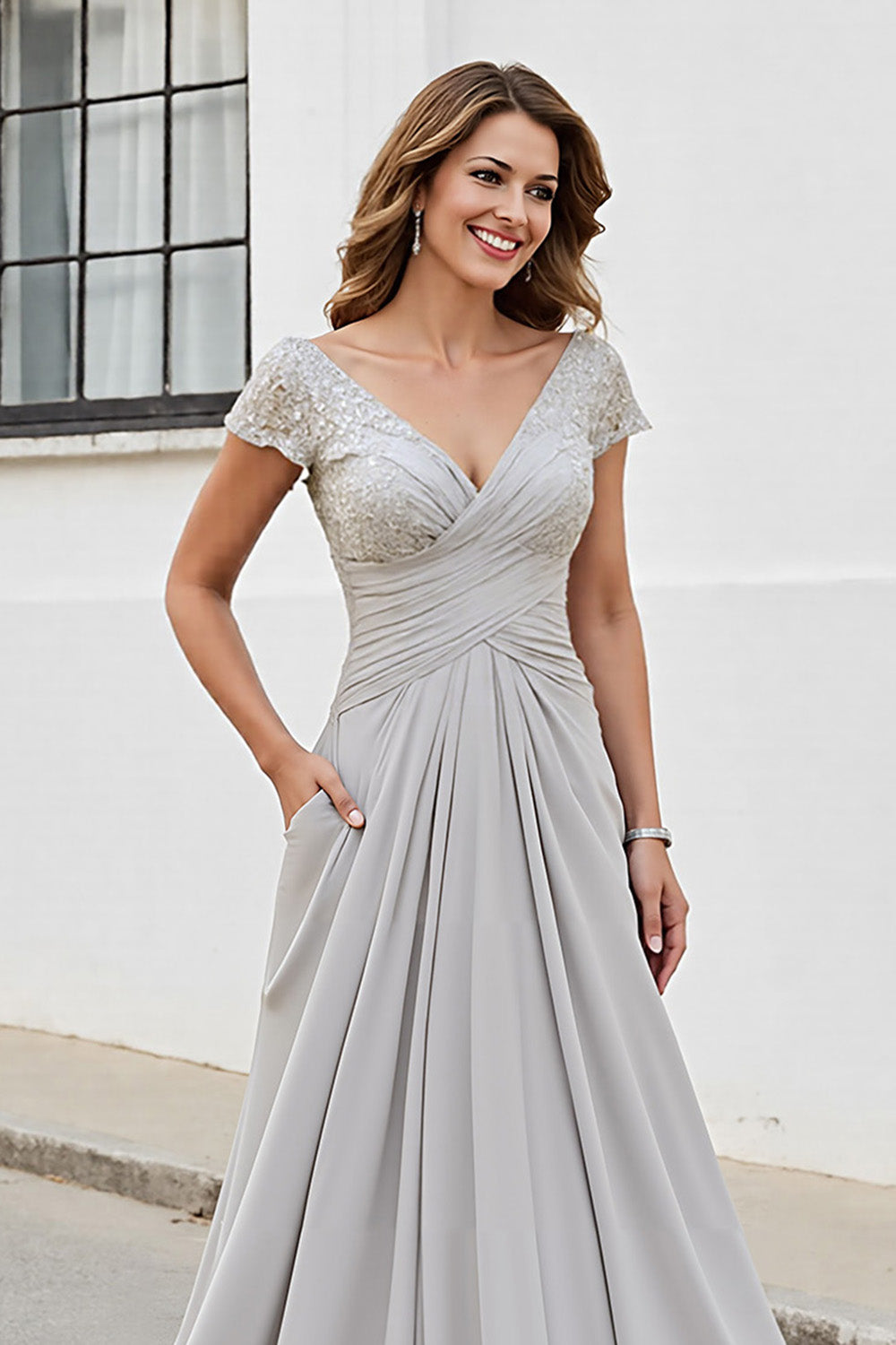 Silver Chiffon A Line Long V-Neck Mother of the Bride Dress with Appliques