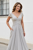 Silver Chiffon A Line Long V-Neck Mother of the Bride Dress with Appliques