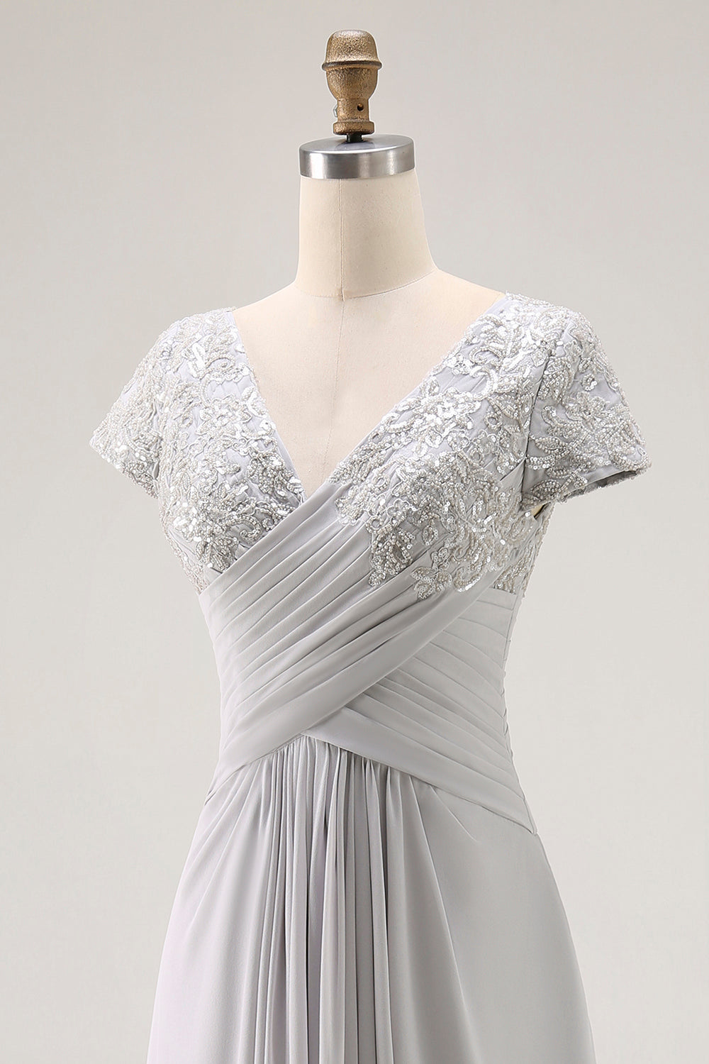 Silver V-Neck Chiffon Appliqued Long Mother of the Bride Dress with Sleeves