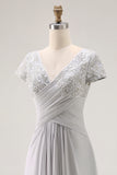 Silver V-Neck Chiffon Appliqued Long Mother of the Bride Dress with Sleeves