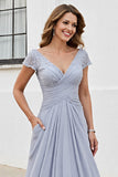 Silver Chiffon A Line Long V-Neck Mother of the Bride Dress with Appliques