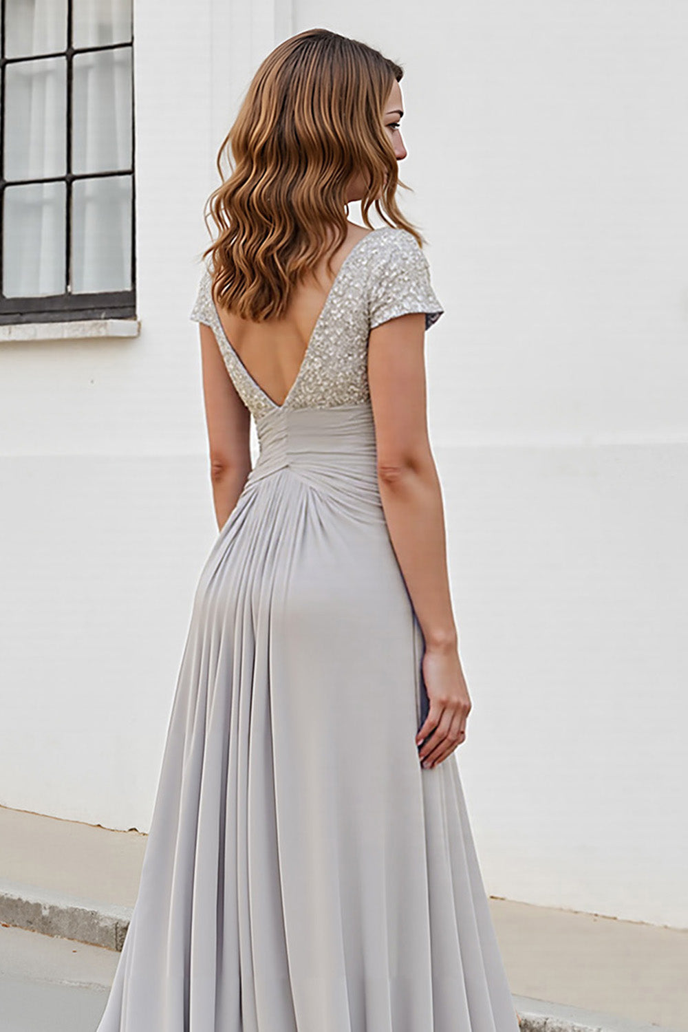 Silver Chiffon A Line Long V-Neck Mother of the Bride Dress with Appliques