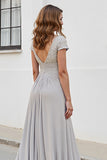 Silver Chiffon A Line Long V-Neck Mother of the Bride Dress with Appliques