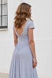 Silver Chiffon A Line Long V-Neck Mother of the Bride Dress with Appliques