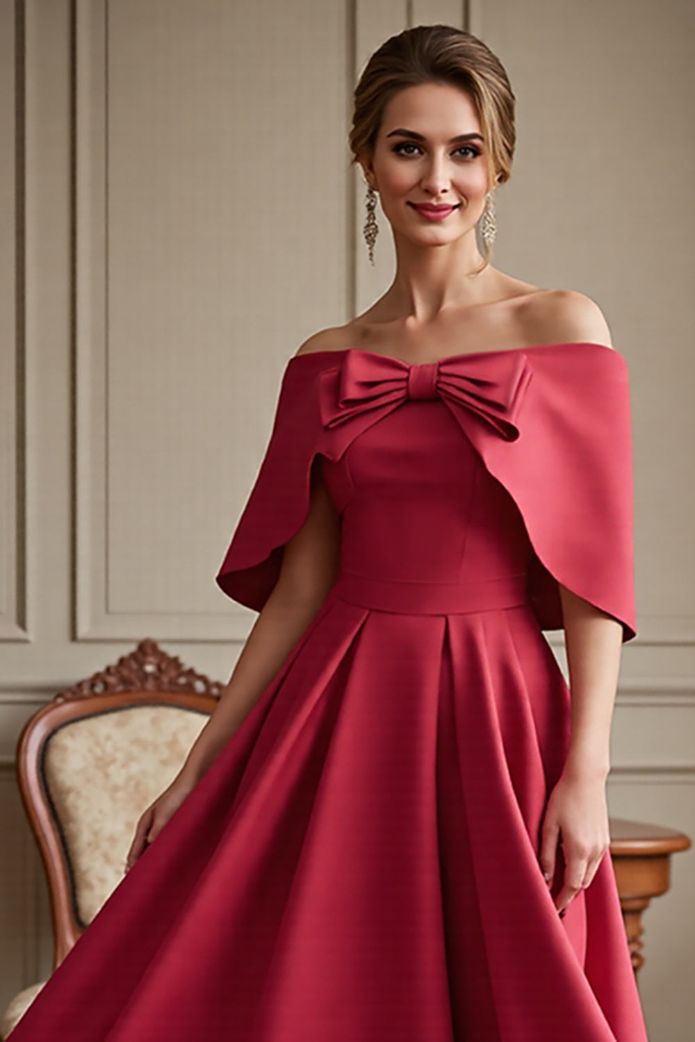 Red Satin Long A Line Mother of the Bride Dress with Bow