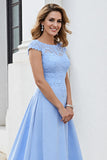 Sky Blue Satin Long Scoop Neck Mother of the Bride Dress with Lace