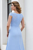 Sky Blue Satin Long Scoop Neck Mother of the Bride Dress with Lace