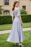 Silver A Line Chiffon Long Illusion Neck Mother of the Bride Dress with Lace