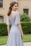 Silver A Line Chiffon Long Illusion Neck Mother of the Bride Dress with Lace