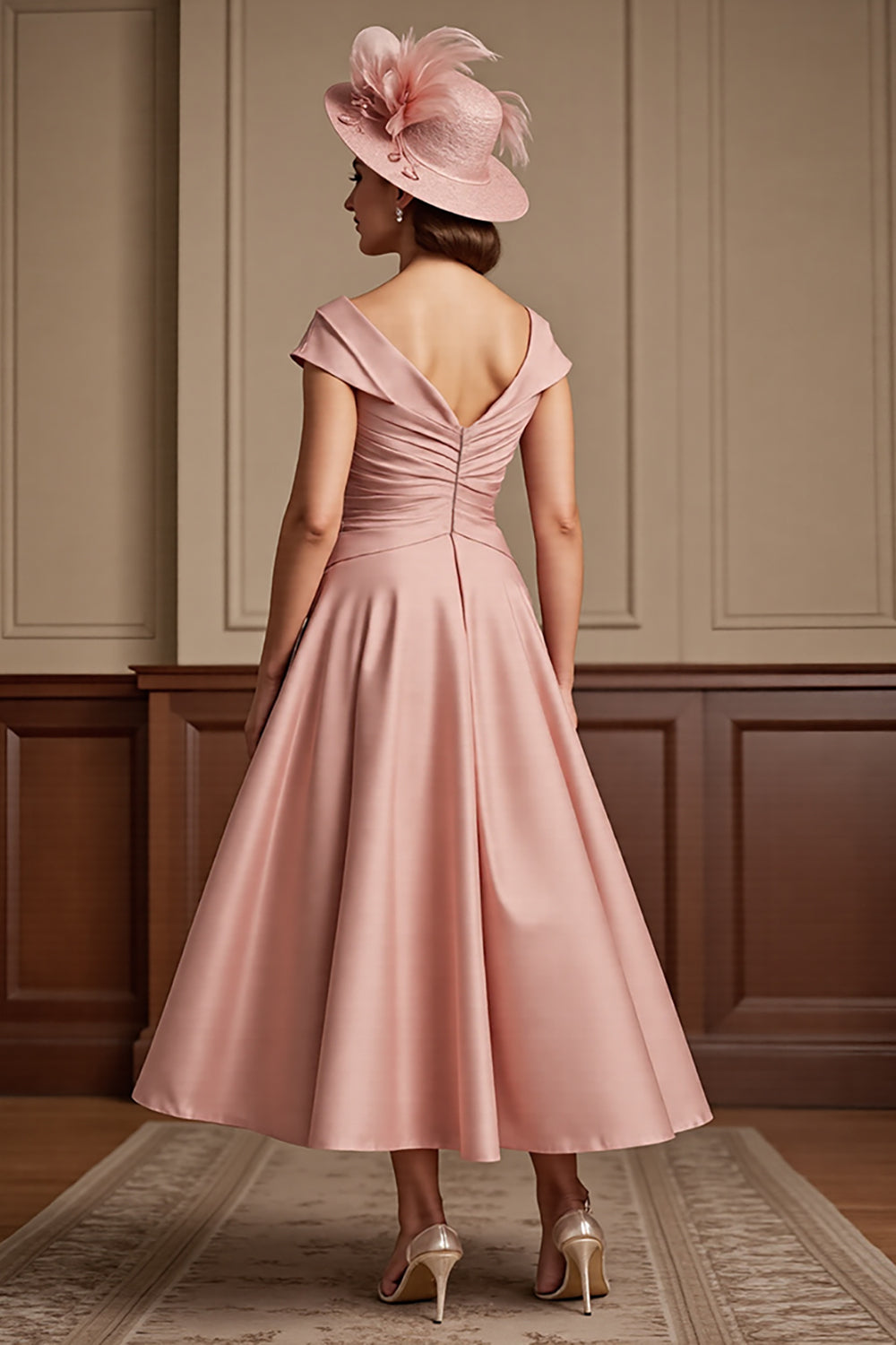 Dusty Rose Satin A Line V-Neck Midi Mother of the Bride Dress with Cap Sleeves