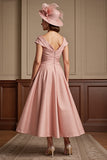 Dusty Rose Satin A Line V-Neck Midi Mother of the Bride Dress with Cap Sleeves