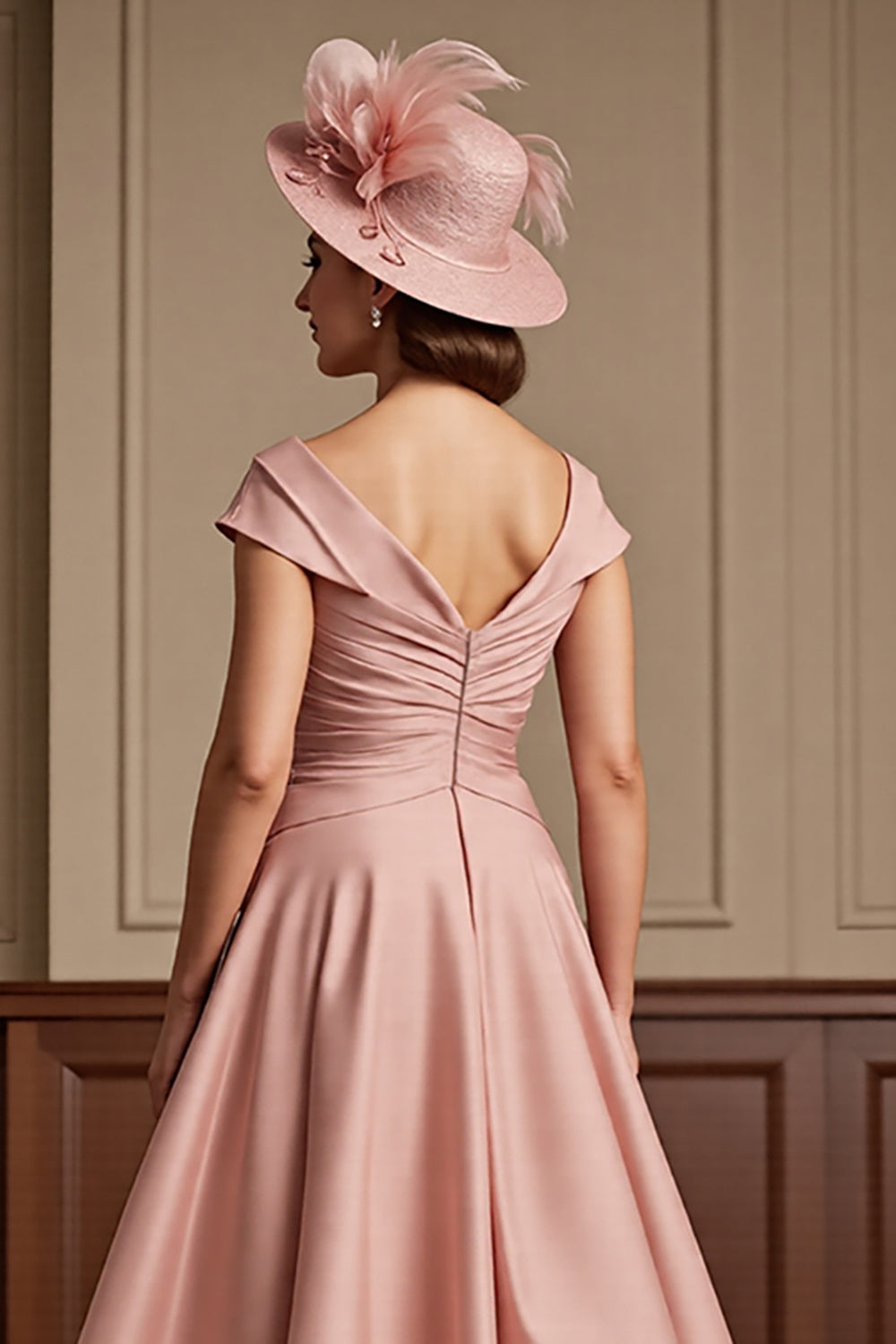Dusty Rose Satin A Line V-Neck Midi Mother of the Bride Dress with Cap Sleeves