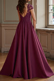 Lilac Satin A Line V-Neck Long Mother of the Bride Dress with Lace