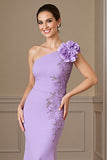 Floral Lilac Satin Long One Shoulder Mother of the Bride Dress with Appliques