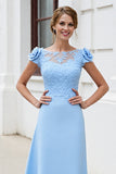 Sky Blue Floral Satin Boat Neck Long Mother of the Bride Dress with Lace
