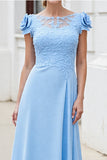 Sky Blue Floral Satin Boat Neck Long Mother of the Bride Dress with Lace