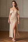 Apricot Sheath Satin Long Ruched Mother of the Bride Dress with Slit