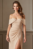 Apricot Sheath Satin Long Ruched Mother of the Bride Dress with Slit