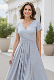 Silver Chiffon V-Neck Long Mother of the Bride Dress with Short Sleeves