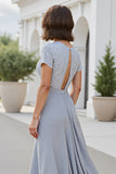 Silver Chiffon V-Neck Long Mother of the Bride Dress with Short Sleeves